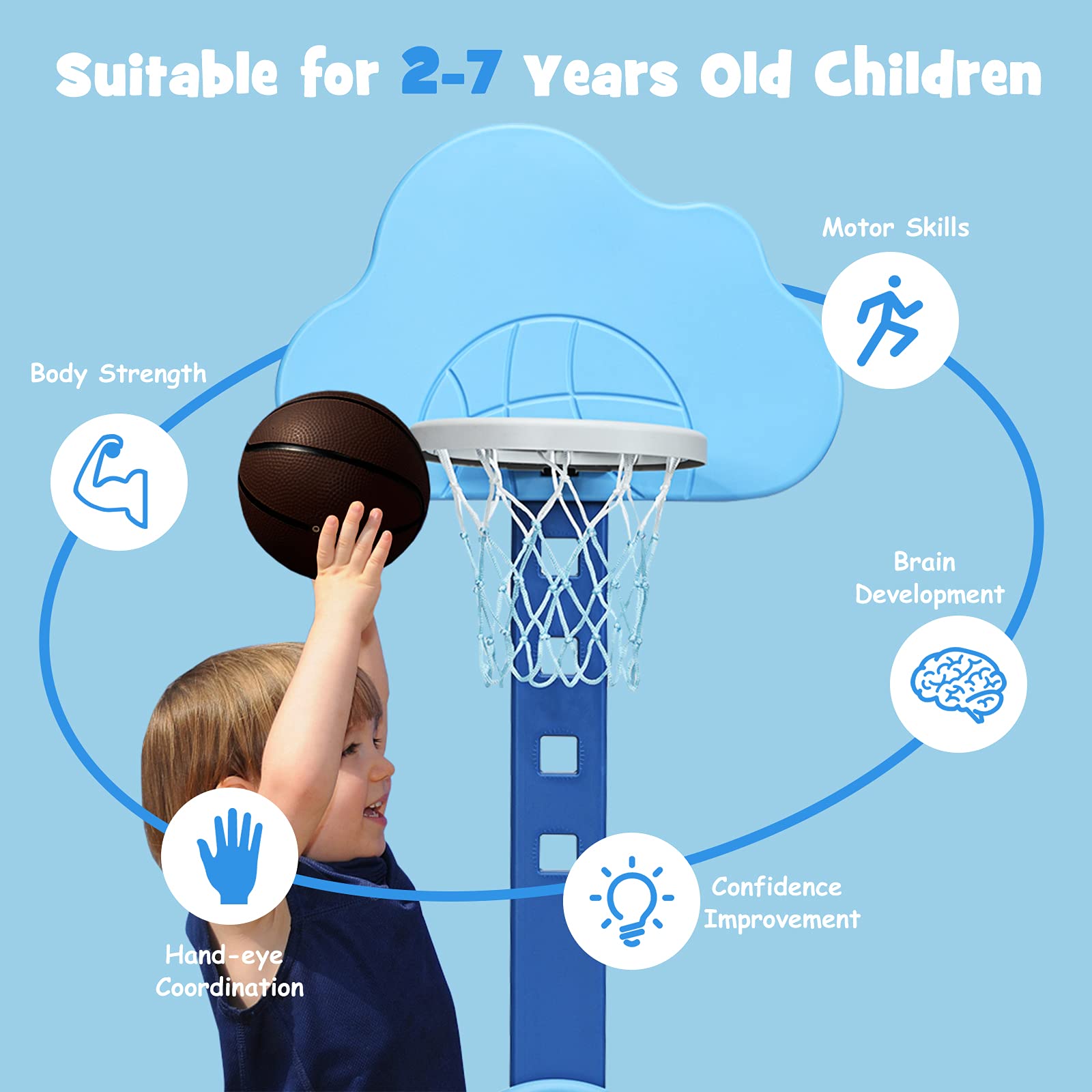 HOMASIS 3 en 1 Canasta Baloncesto Infantil para Exterior and Interior, Juguetes Deportivos Niño 3-7 Años con Altura Regulable 77-116 cm, para Juego de Baloncesto, Fútbol y Golf (Azul)
