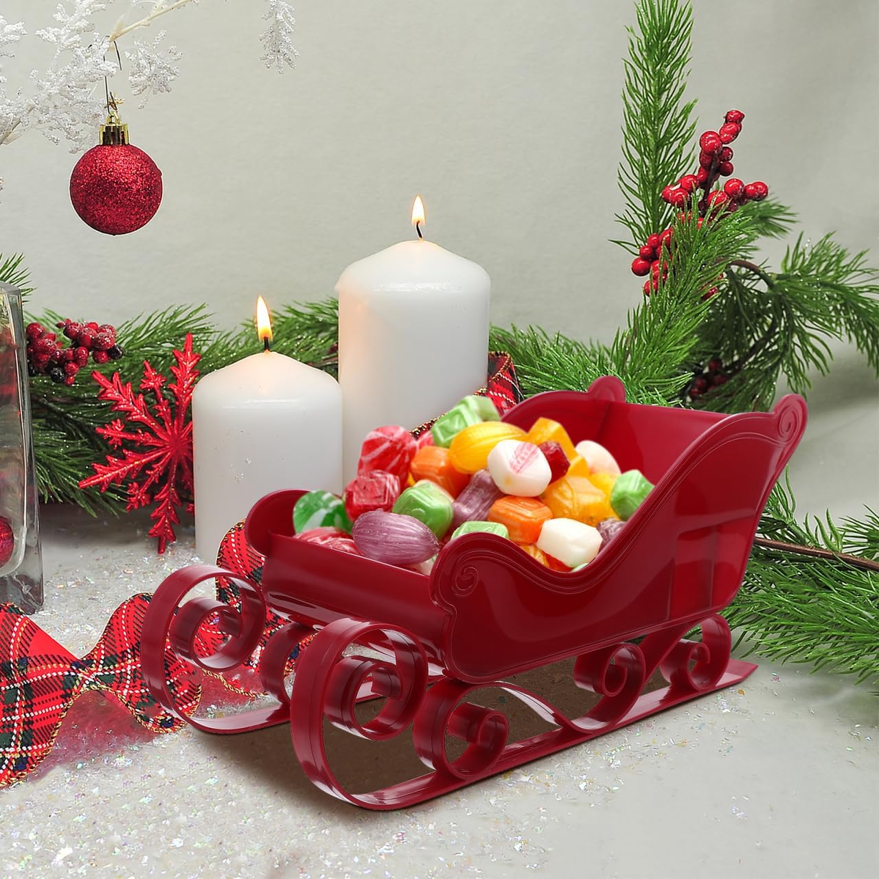 VOSAREA Christmas Sleigh Santa Sled Decor Santas Tree Sleigh Christmas Figurines Holiday Statue Stocking Stuffers Sled Adornment Slay Toy Plastic Red