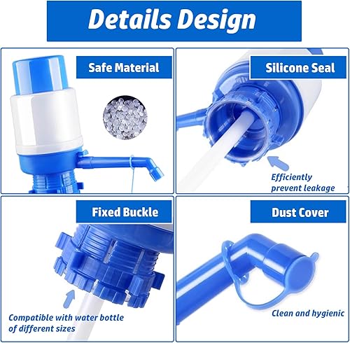 Miniatura 5 de Bomba de agua manual portátil azul para botella de 5 galones, dispensador de jarra de agua, bomba de agua potable con un tubo extra corto y tapa,