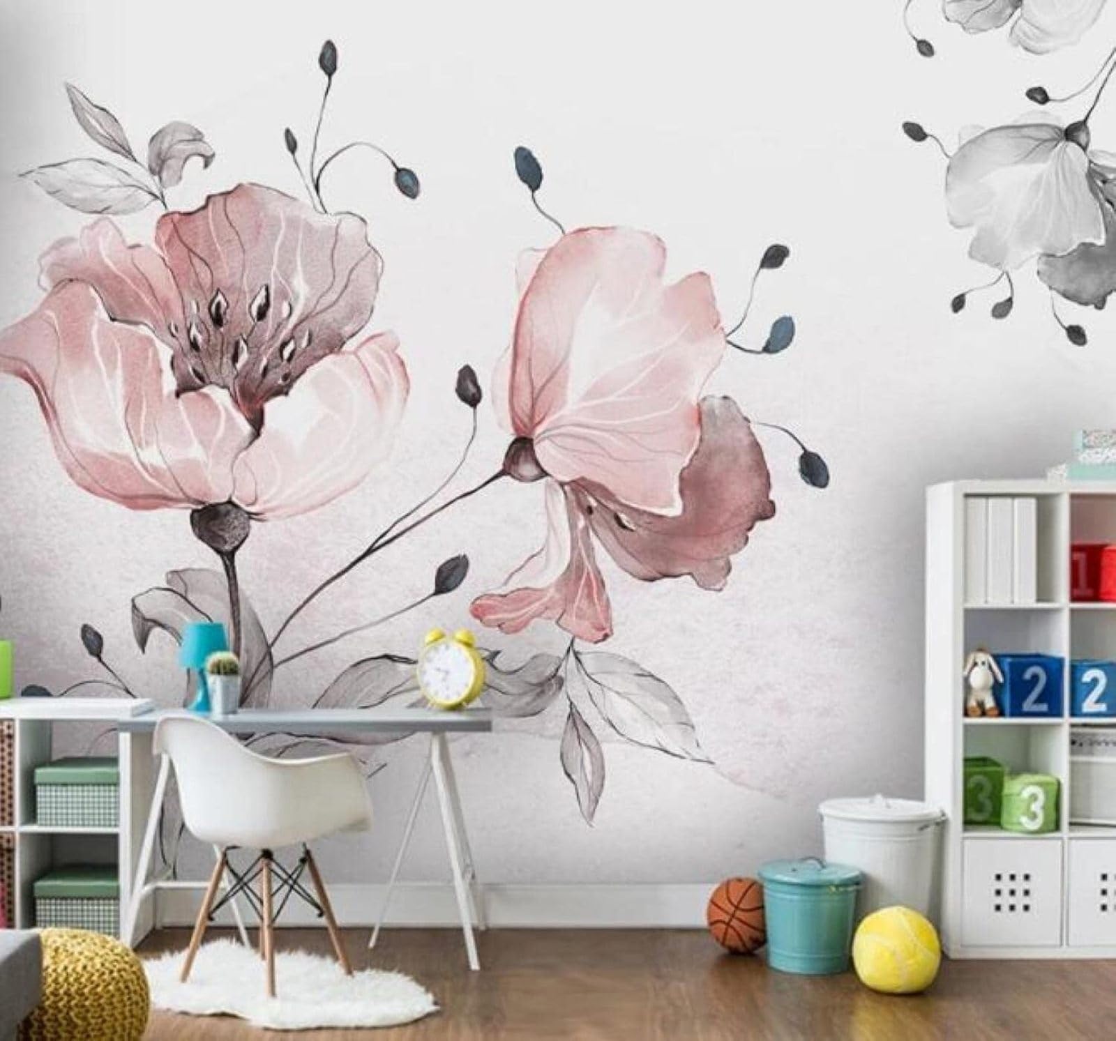 XLMING Minimalist Hand Drawn Plants Pink Flowers 3D Wallpaper Luxury Silk Study Dining Feature Sofa Grey Bedroom Living Room Tv Decorative Wall-400cm×280cm