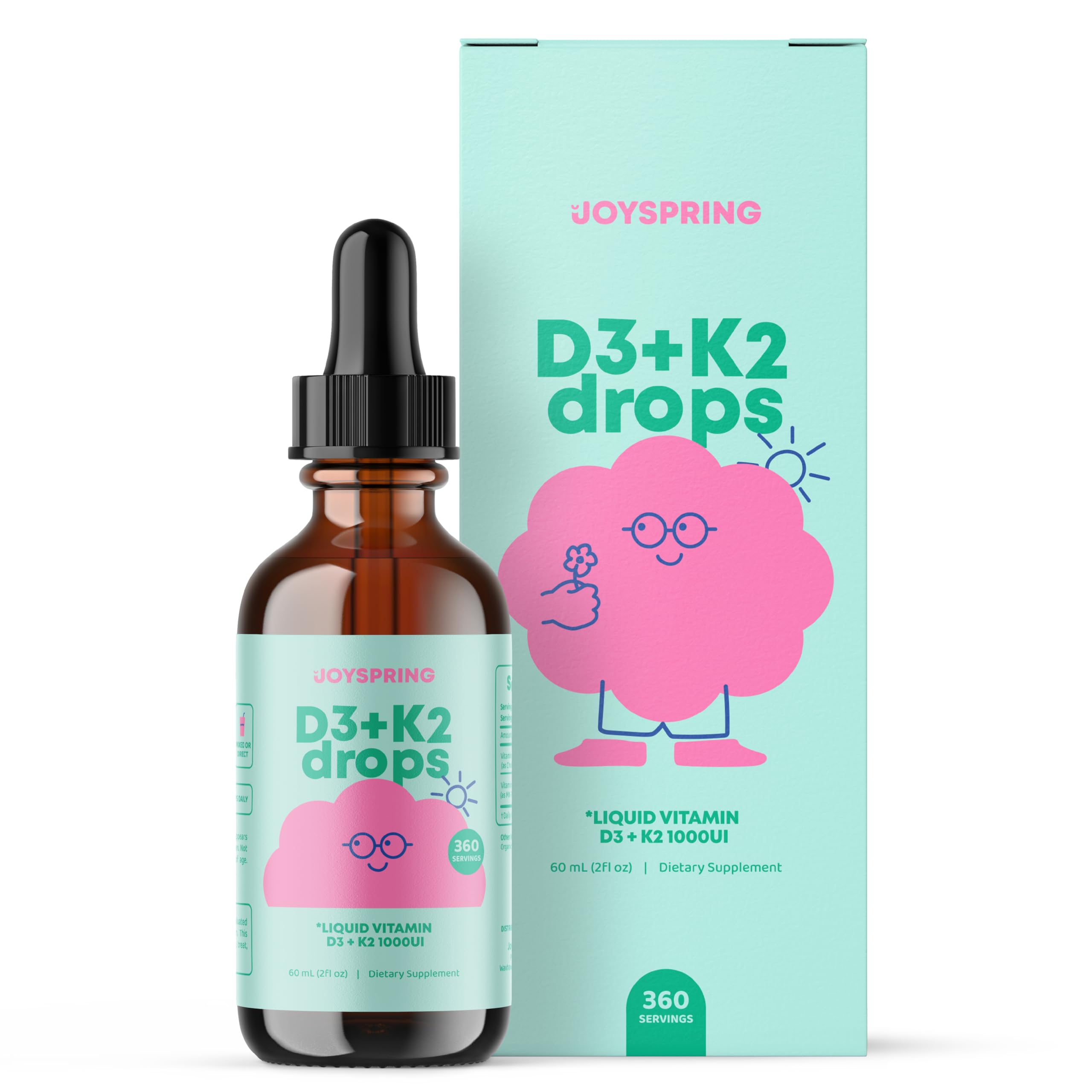 JoySpring Vitamin D3 Kids Drops with K2 – Liquid Supplement for Calcium Absorption & Joint Health – 360 Servings (2 fl oz) – Vitamin D Kids Ages 3-18