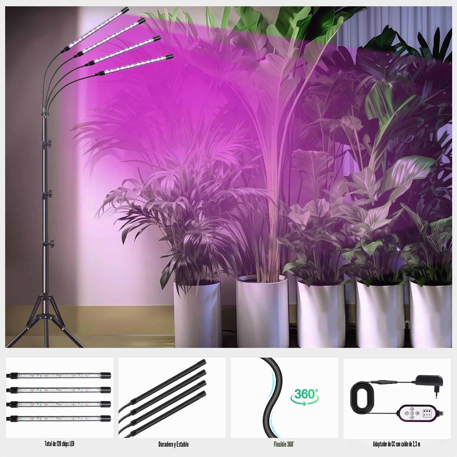 Railee Lámpara de Plantas 120 LEDs Luz de Crecimiento de Espectro Completo Lámpara de Cultivo Luz para Plantas con Temporizador 3 Modos de Color y 10 Niveles Regulables