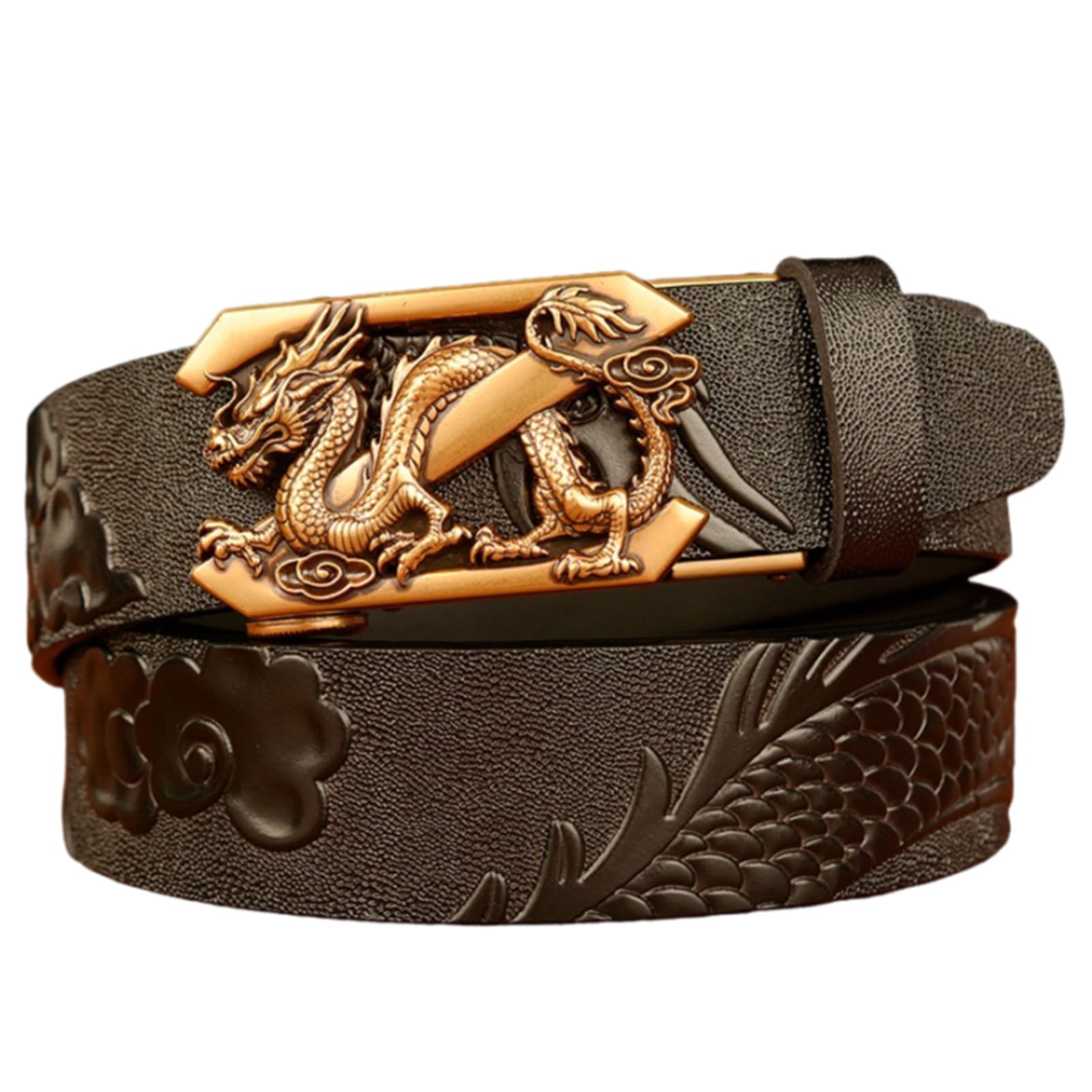 Cinturón De Vestir De Carraca para Hombre Hebilla Automática Deslizante Dragón Tallado Occidental En Relieve Cuero De Vaca De Grano Completo Correa De Grueso(110cm/43, Dragon-G)