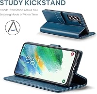 Vista 4 de Funda tipo cartera para Samsung Galaxy S21 FE 5G, con bloqueo RFID, tarjetero de crédito, de piel sintética, función atril, funda protectora a Azul