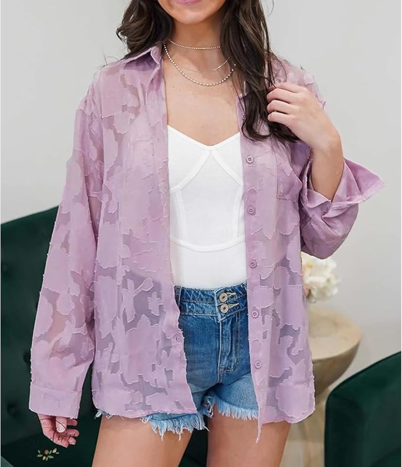 Sunshine swing Women's White Elegant Sexy See Through Blouse Shirt Long Sleeve Jacquard Turn-Down Button Down Shirt Top - Image 7