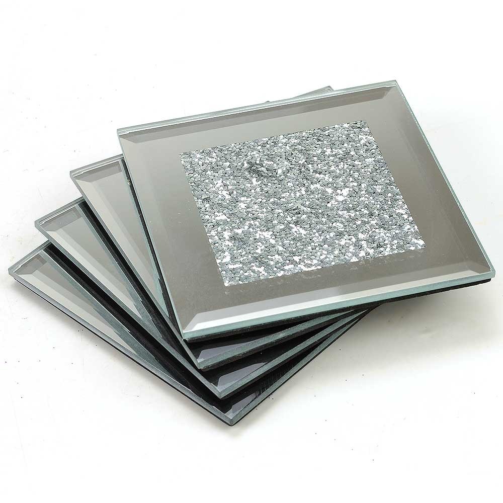 Angraves Lustre Large Silver Sparkle Glitter Mirrored Glass Coaster Set of 4