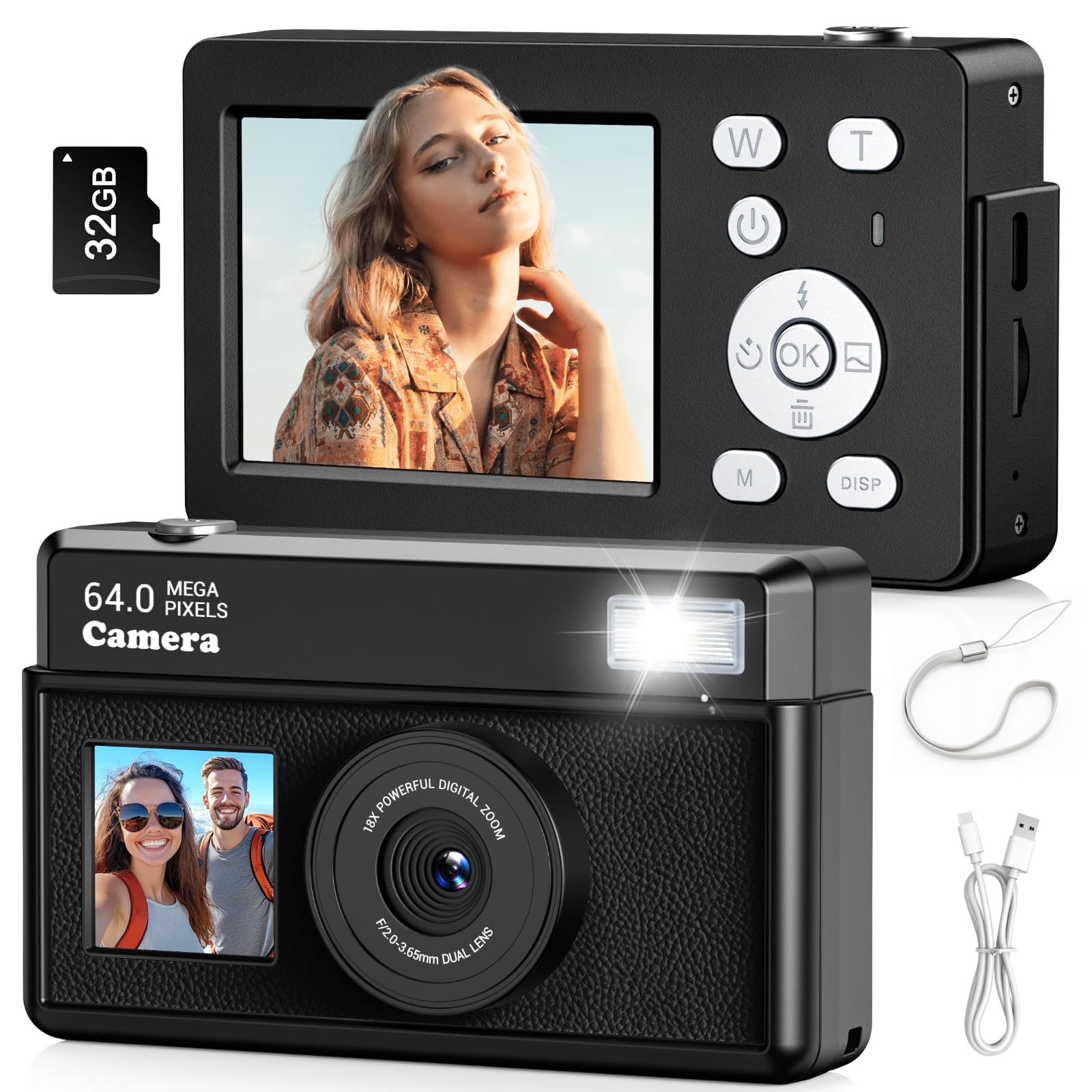 Macchina Fotografica Digitale,Fotocamera Digitale Compatta 4K 64MP (Pelle Nero) | Scheda da 32 GB, Anti-vibrazione, Zoom 18X, Videocamera per Vlogging per Adolescenti, Principianti, Adult (Pelle Nera)