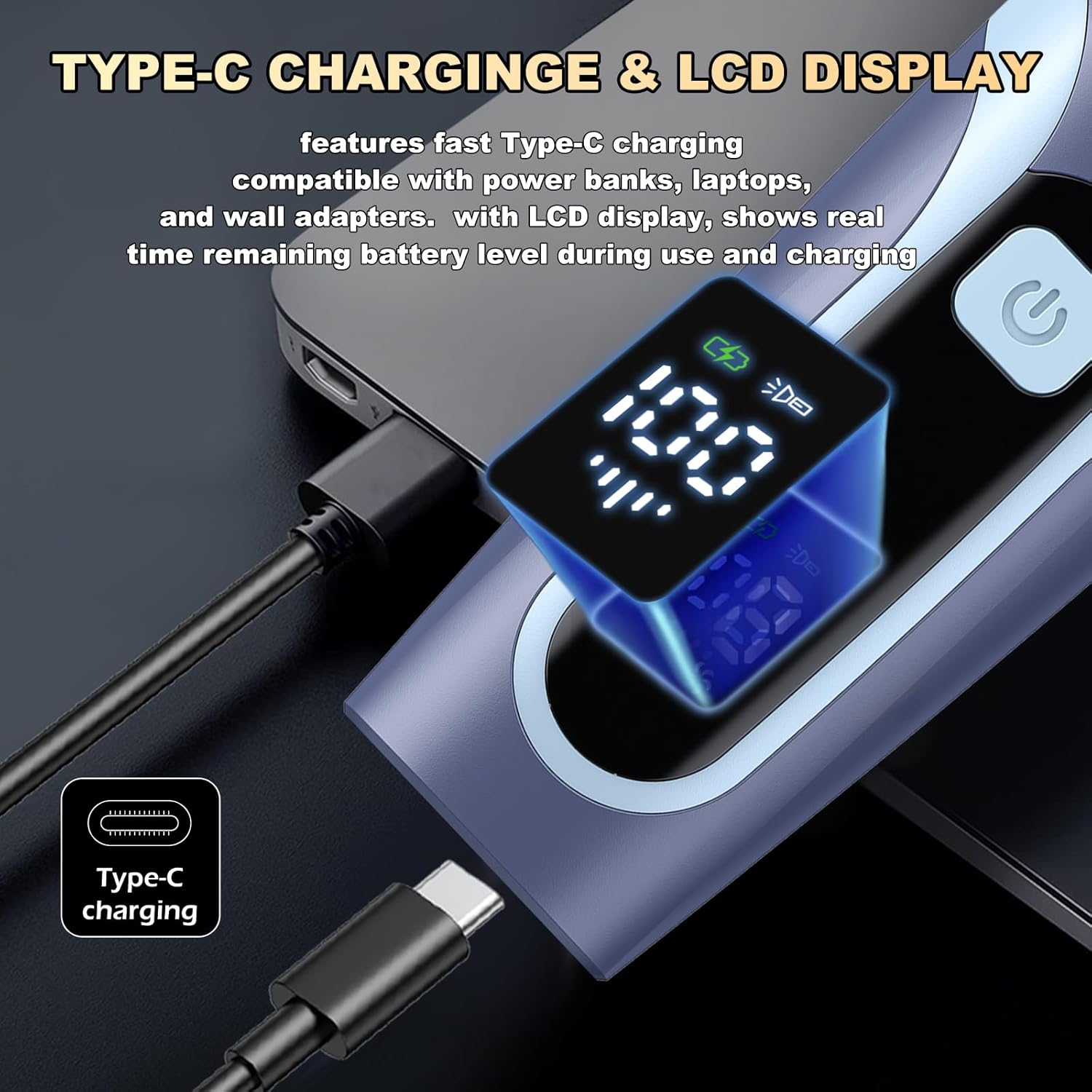 Beard Trimmer for men, Vacuum Mustache Trimmer with Type-C Charging, IPX7 Waterproof Electric Shaver Body Hair Trimmer for Men with LCD Display, Length Adjustable Blade Wheel (1/25"-4/5") (Blue)