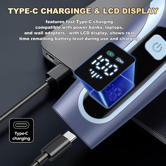Beard Trimmer for men, Vacuum Mustache Trimmer Electric Shaver, Blue | Body Hair Trimmer with Type-C Charging, LCD Display, IPX7 Waterproof, Dual-Motor, Length Adjustable Blade Wheel (1/25-4/5)
