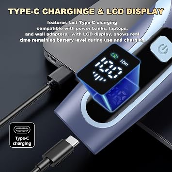 Beard Trimmer for men, Vacuum Mustache Trimmer Electric Shaver, Blue | Body Hair Trimmer with Type-C Charging, LCD Display, IPX7 Waterproof, Dual-Motor, Length Adjustable Blade Wheel (1/25-4/5)