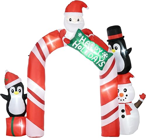 HOMCOM Inflables gigantes de Navidad de 10 pies para decoración al aire libre, arco con Papá Noel y pingüino, decoración de Navidad LED inflable
