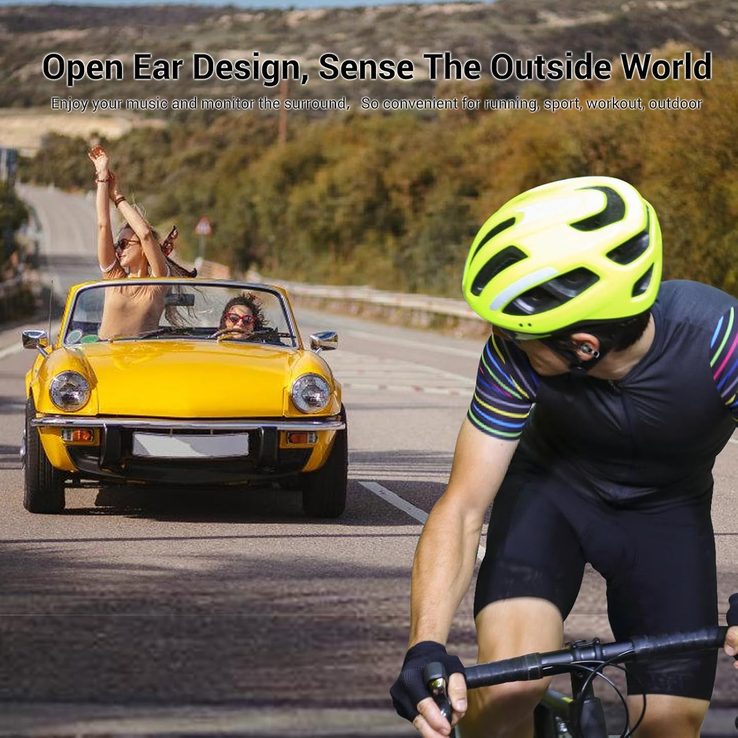 Cyclist and car passengers using open-ear earbuds