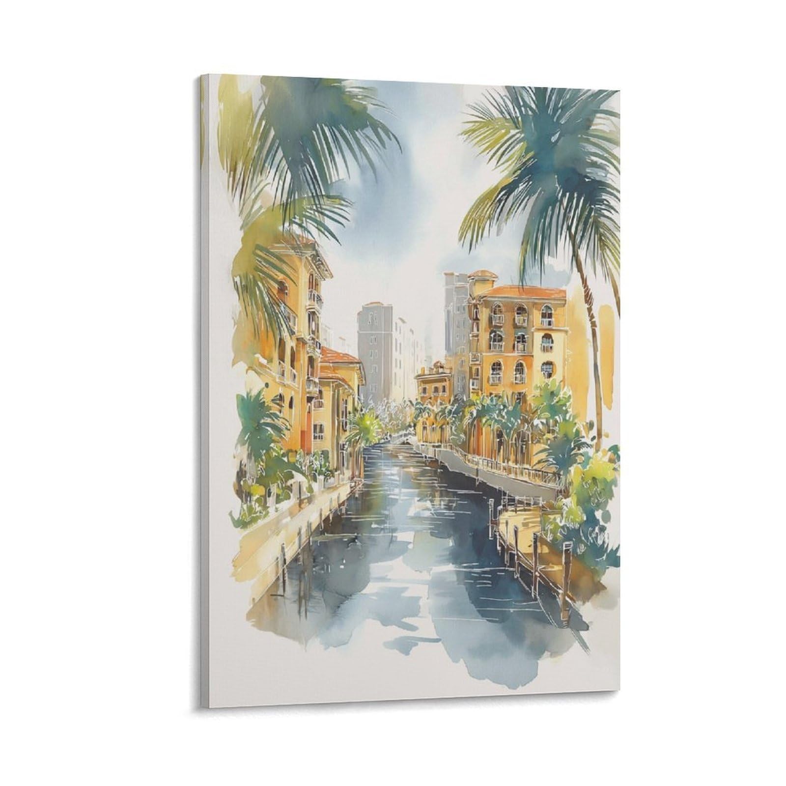 XWYMXZ Miami Florida 08x12inch(20x30cm) Vintage Travel Poster Watercolor Canvas Art