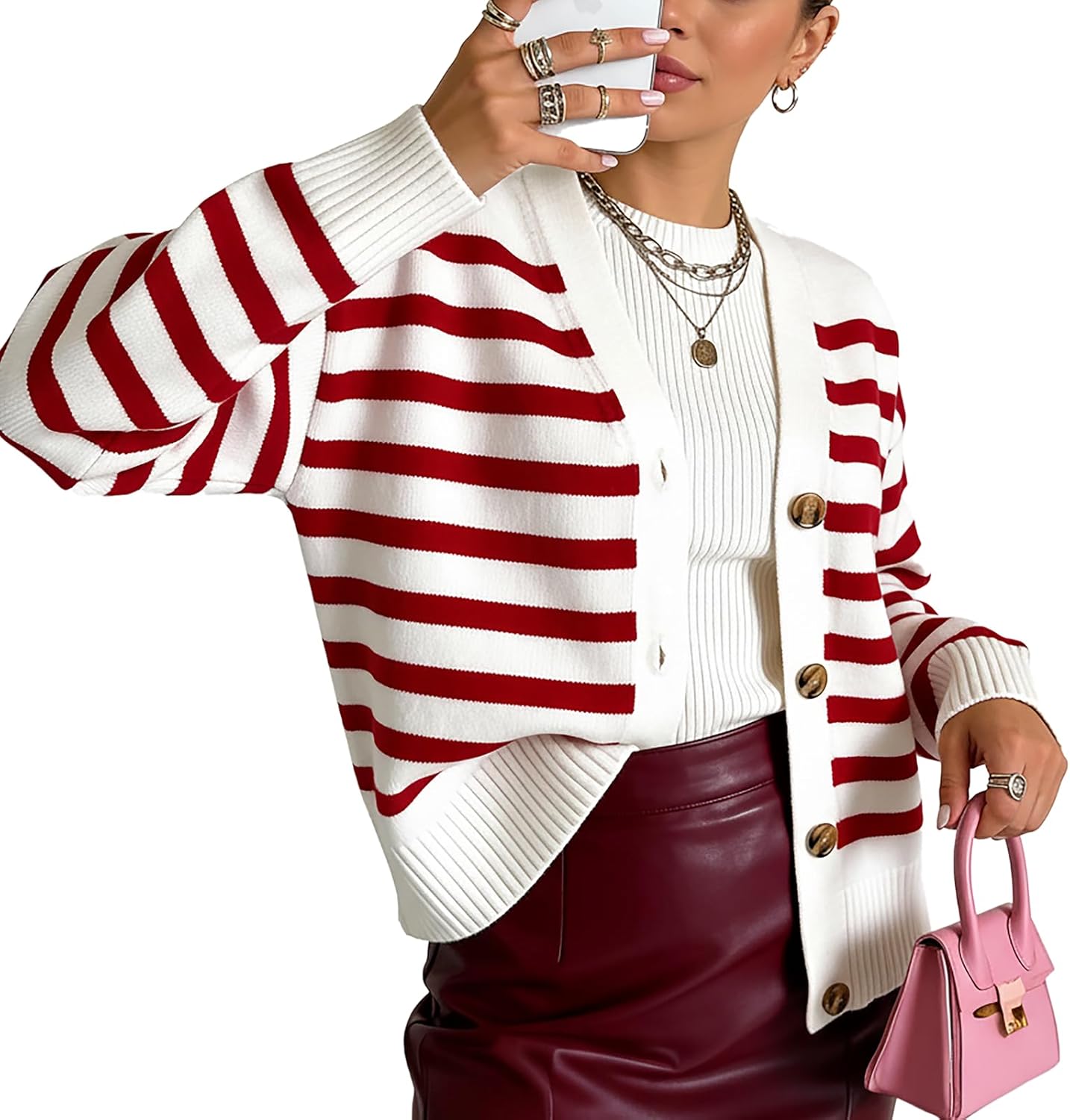 Women's Striped Cardigan Sweaters V Neck Open Front Sweaters Lightweight Long Sleeve Button Tops Ribbed Knit Outerwear (Red Stripe, XL)