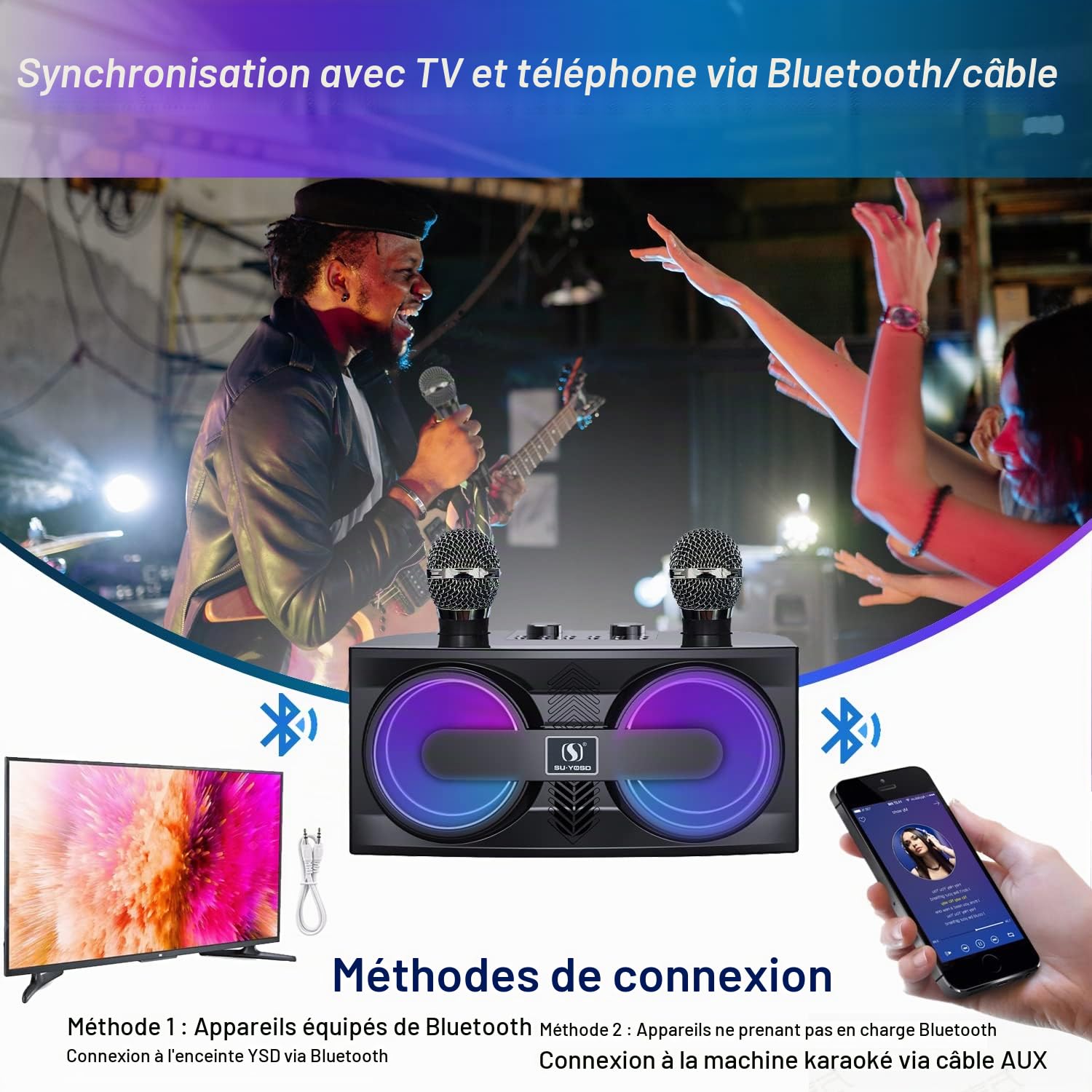 Machine de karaoké, système de Haut-parleurs Portable avec 2 Microphones sans Fil Karaoke Complet Karaoke Adulte Bluetooth 20W Enceinte Karaoké Portable fête à la Maison, réunion, Mariage,
