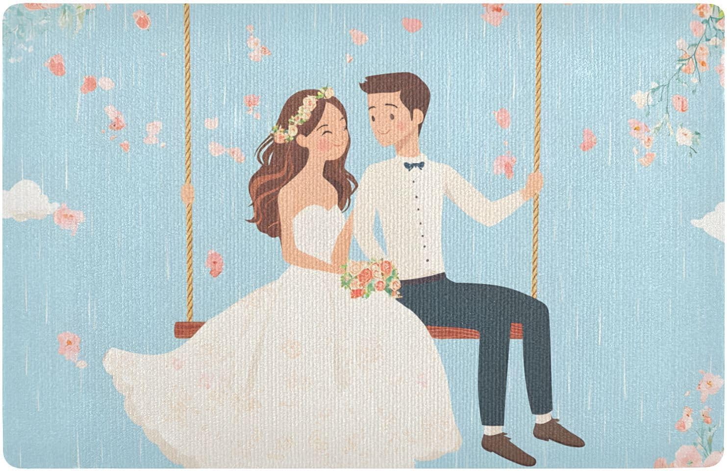 Wedding Couple Swing Flower Door Mat Indoor Outdoor Entrance Doormat Non-Slip Absorbent Welcome Mat 32x20 Inch