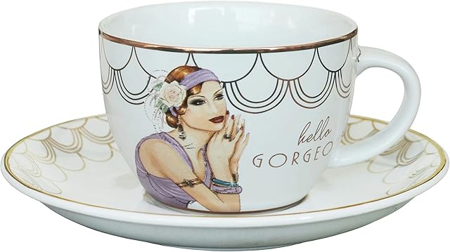 Clintons: China Tea Cup & Saucer, Art Deco Tea Cup, Friend Birthday Present Female, Tea Lover Christmas Present, Stocking Filler Gifts,White, 1156602