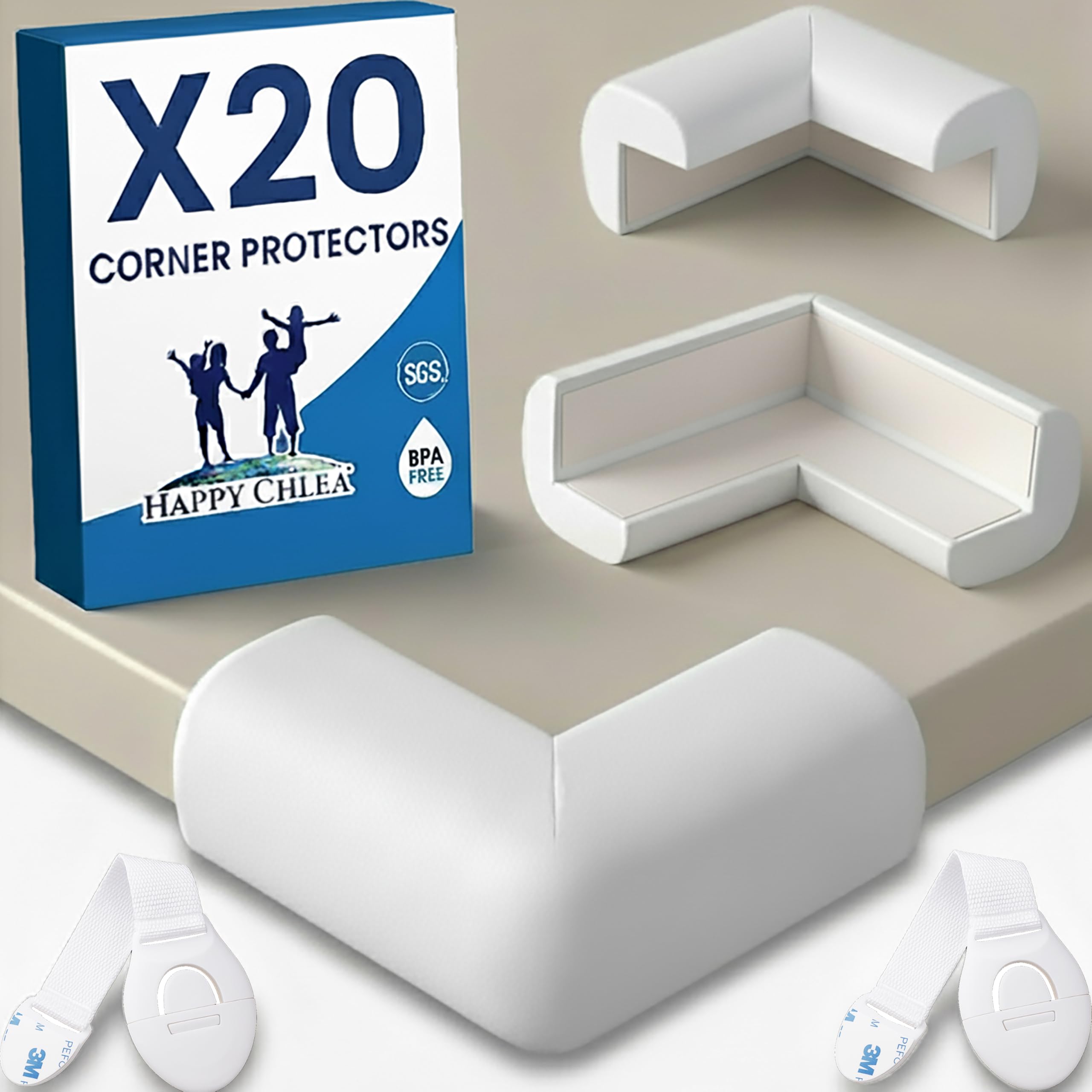 Happy Chlea® 20 x Zabezpieczenie Krawędzi dla Niemowląt z Technologią Aktywnej Pianki, Miękkich Ochraniaczy Narożnych dla Dzieci Oraz 2 Blokady do Szuflad, Stołów, Mebli (Biały)
