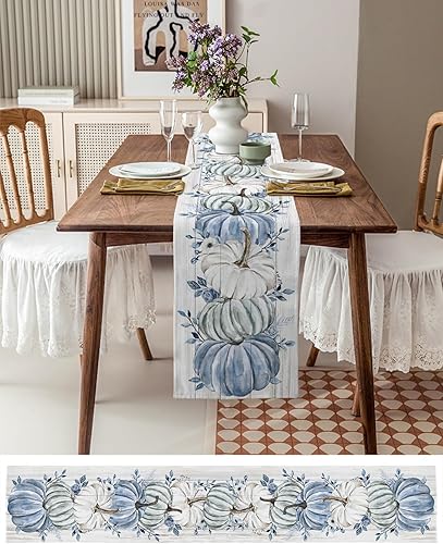Miniatura 2 de Camino de mesa de otoño con calabaza azul, cosecha de Acción de Gracias, calabazas blancas y azules, de madera, algodón, lino, bufanda, cocina, mesa