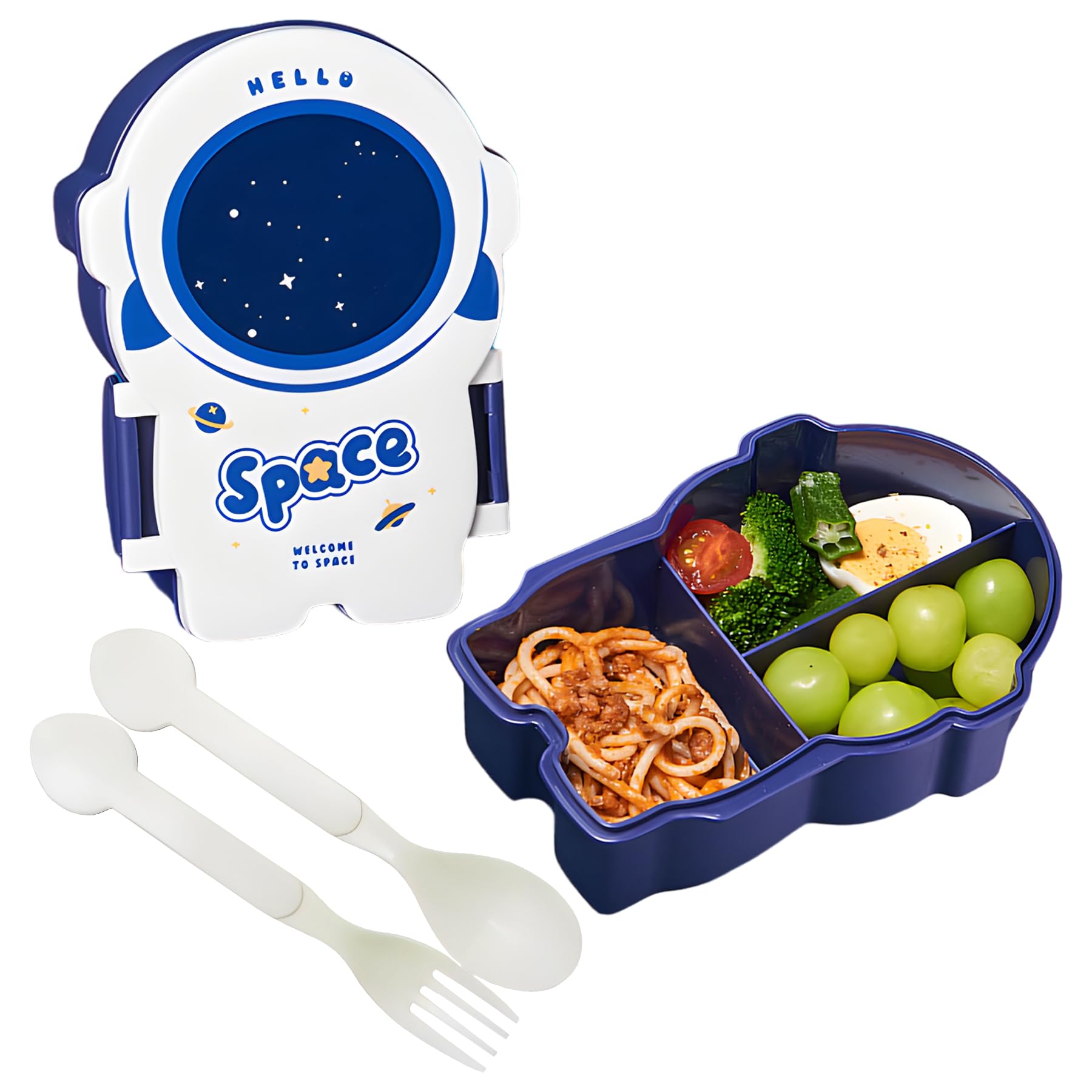 Koochie-Koo Space Theme Lunch Box with 3 compartments, BPA Free Tiffin Box with Cutlery Accessories, Lunch Container for School Kids, Bento Box for Kids School, 1100 ml (Pack of 1, Blue)