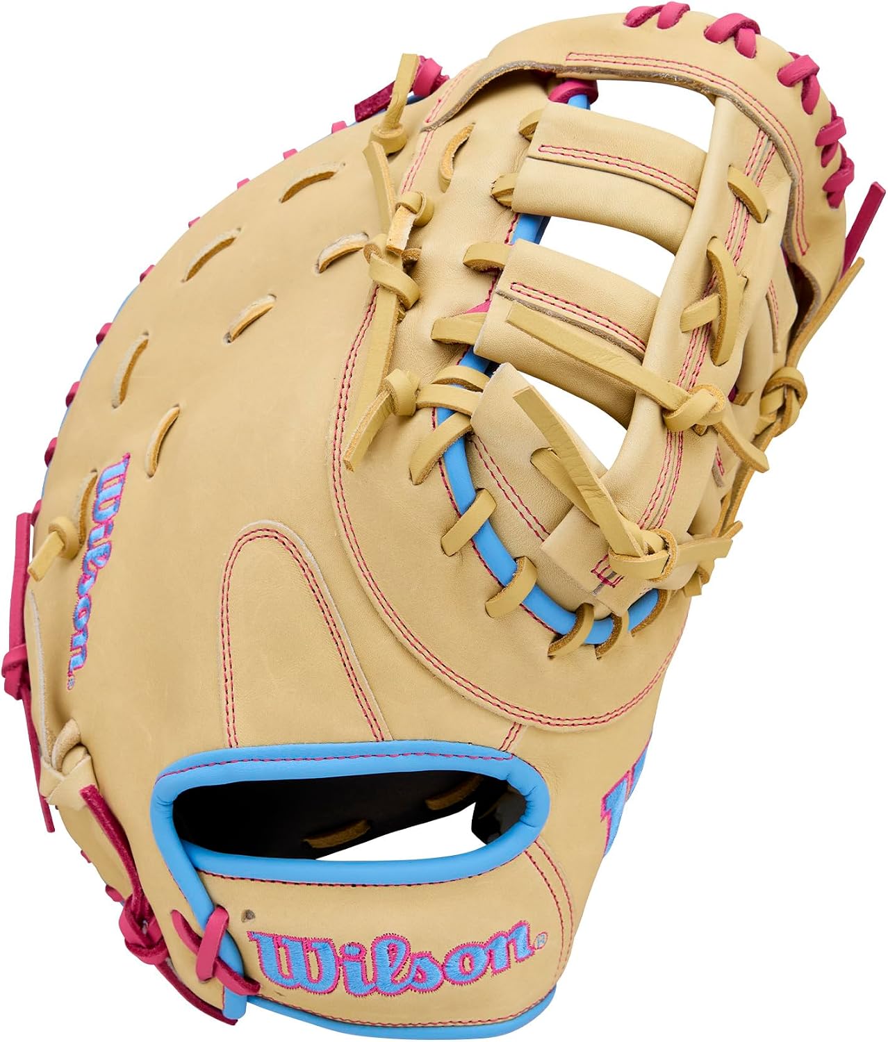 wilson | a1000 | adult + youth baseball glove + mitt | sizes 11" - 12.5" | right + left hand throw | multiple styles blonde/cool blue/flamingo pink 12.5" | first right hand throw