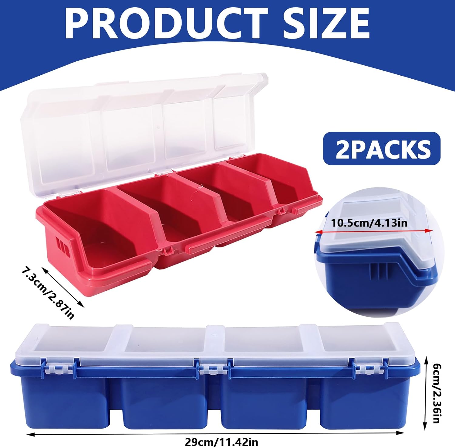 2 Pack Plastic Screw Organizer Box, 4 Compartments Bolt Bin with Lid, Stackable Hardware Storage Case for Garage Organization Parts Nail Workbench (Blue, Red) (2)