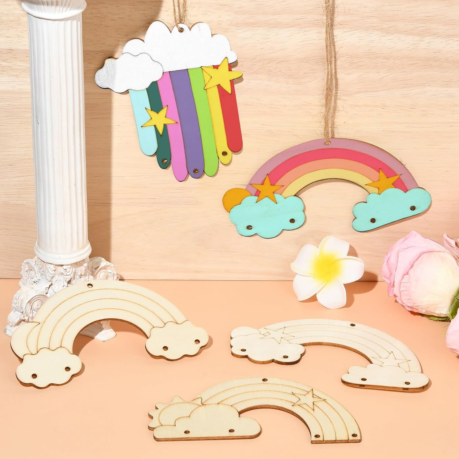 LiQunSweet 40 Pcs 4 Styles Rainbow Theme Unfinished Wood Cutout Cloud Rainbow Star Sun Meteor Wood Slices for DIY Printing Craft Embellishments Wind Chime