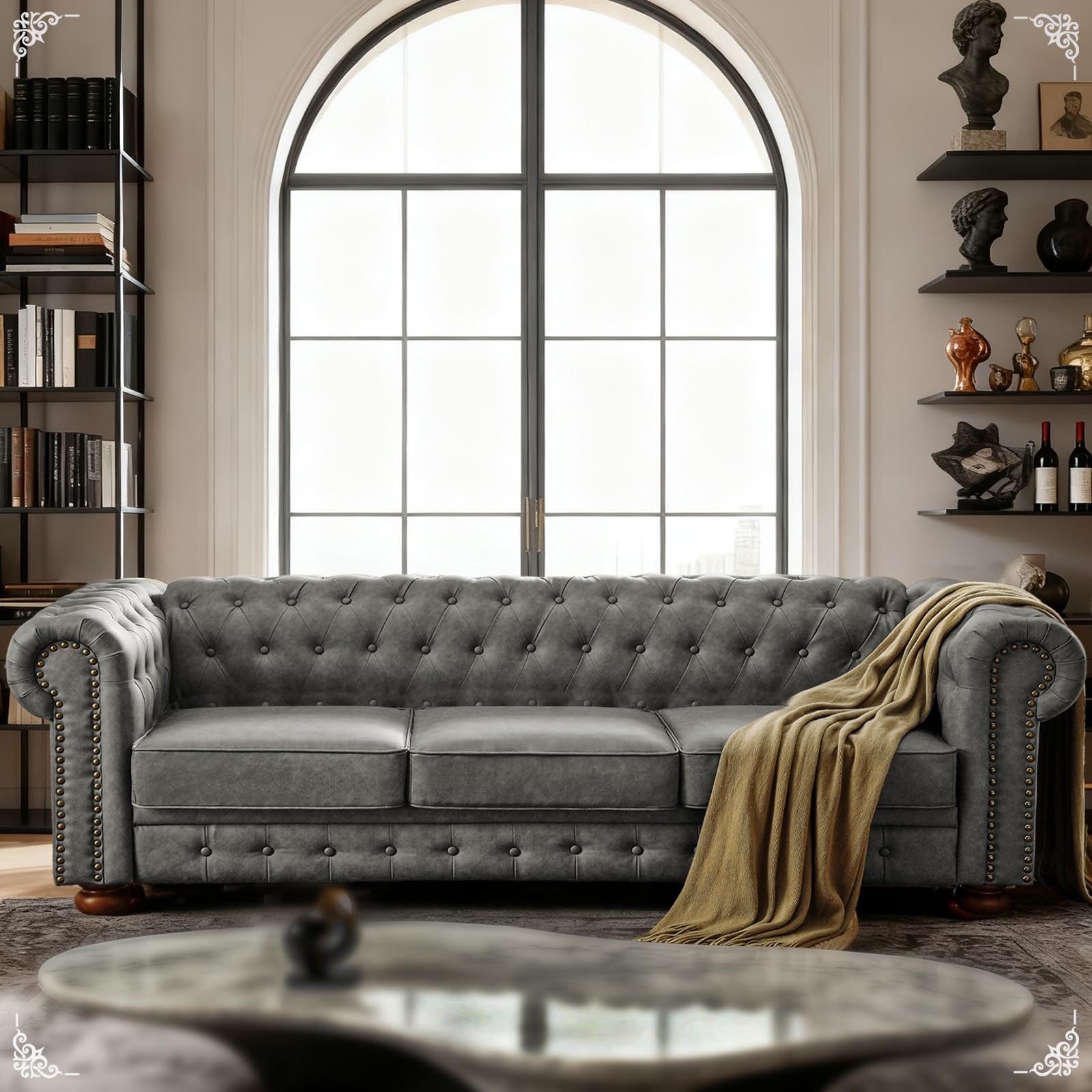 Dreamzie 89" Chesterfield Sofa Couch, 3-Seater Leather Vintage Couch, Mid Century Modern Sofa with Rolled Arm for Living Room, Office, Grey
