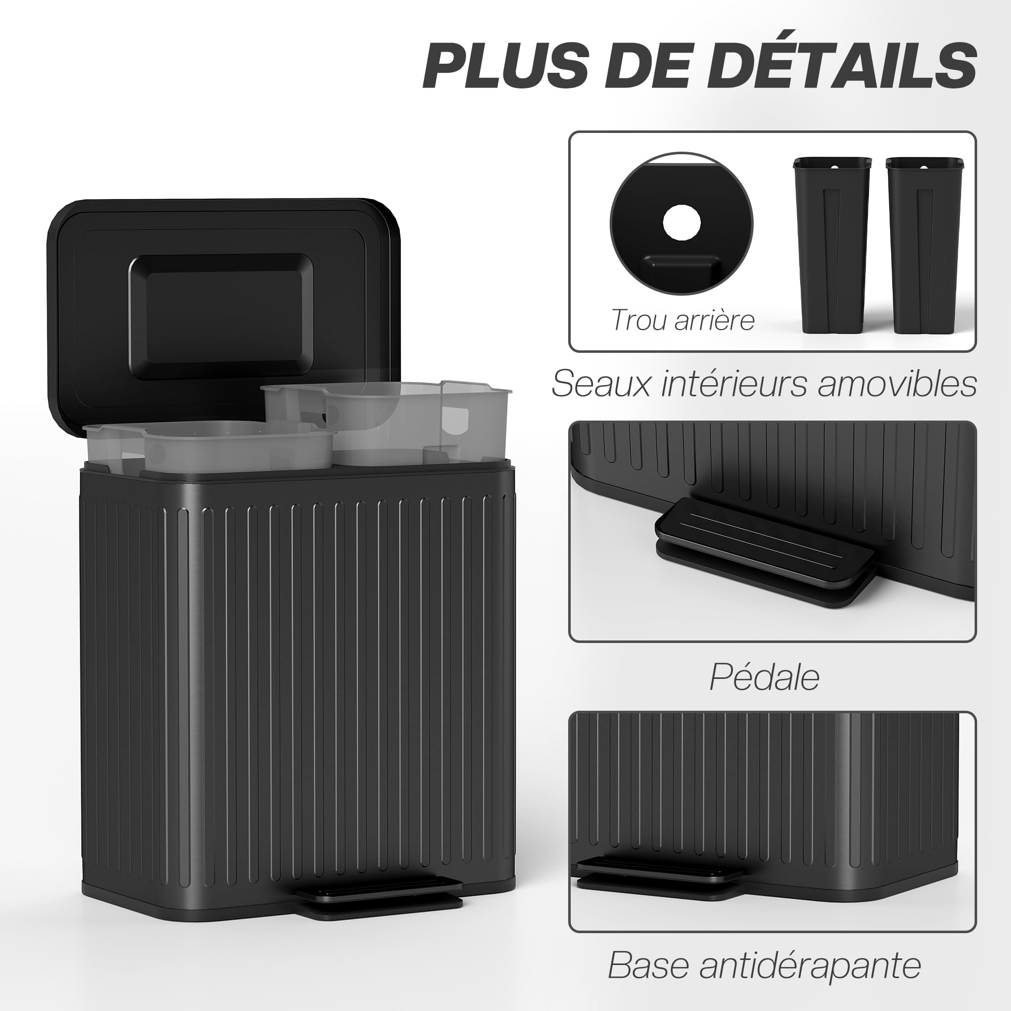 HOMCOM Poubelle à double compartiment 2 x 20L, poubelle de cuisine à pédale tri sélectif, seaux intérieurs amovibles, couvercle fermeture douce, maintien en ouverture, sacs-poubelle, anti-traces, noir