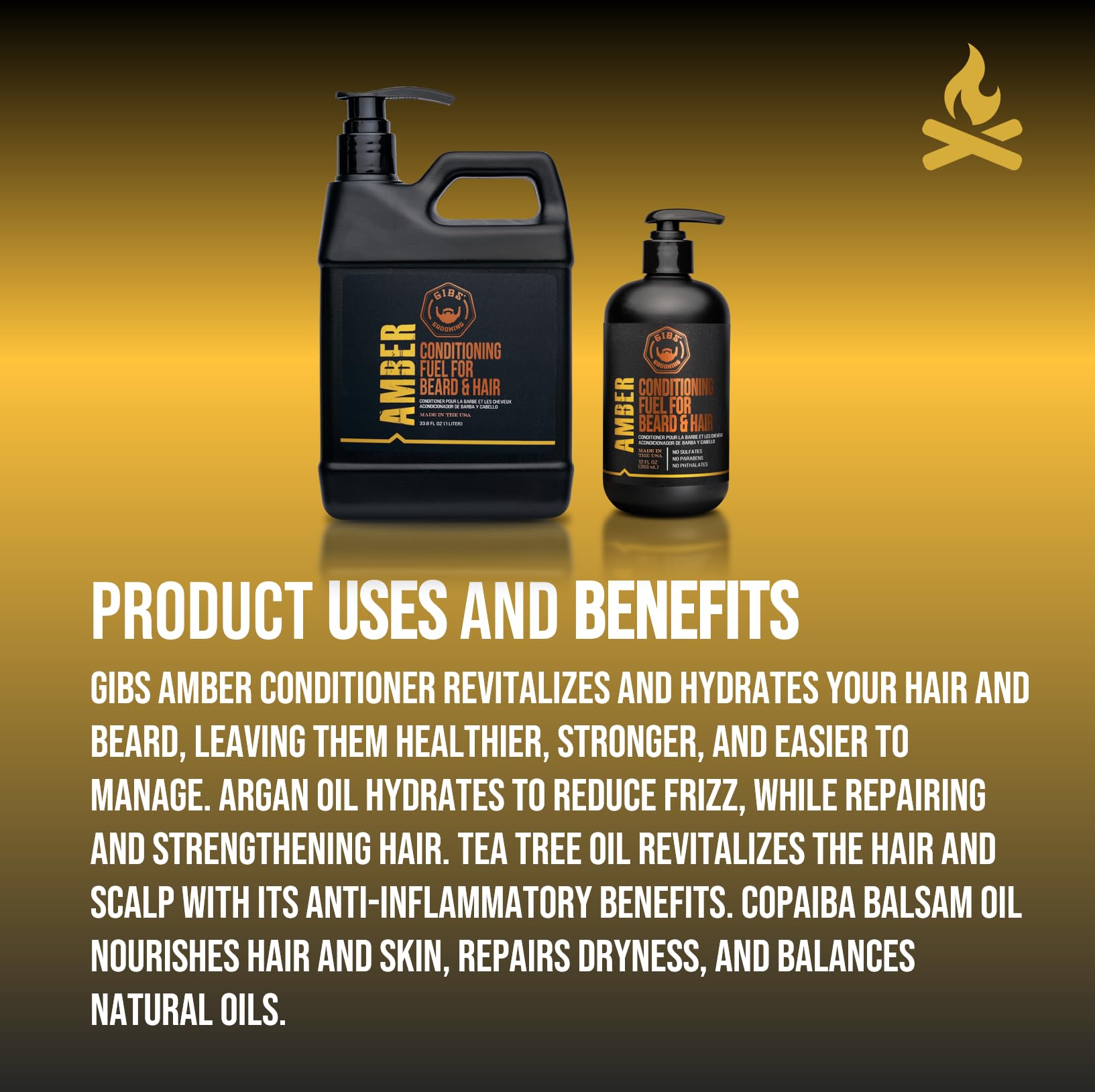 GIBS Amber Beard and Hair Conditioner - Detangle, Control Frizz, Revitalize Dry Hair & Skin, Antimicrobial & Antioxidant - Made in USA | Revitalizes Hair, Manages Hair, Repairs Hair, Anti-Inflammatory, Balances Oils