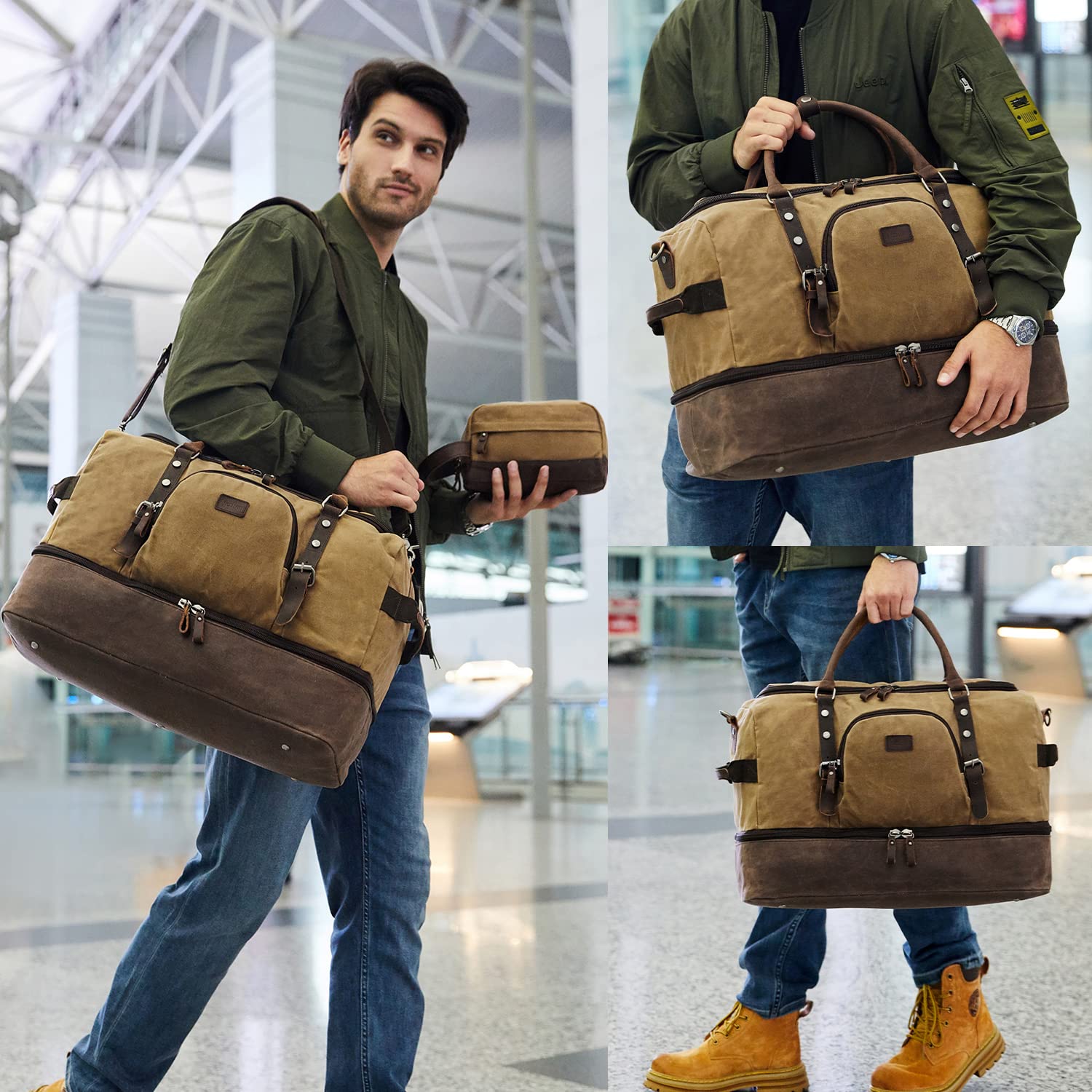 Nerlion Weekender Tasche mit Schuhfach Große Übernachtungstasche für Herren Canvas Echtleder Handgepäck Tasche Reise Seesack, Braun, Reisetasche