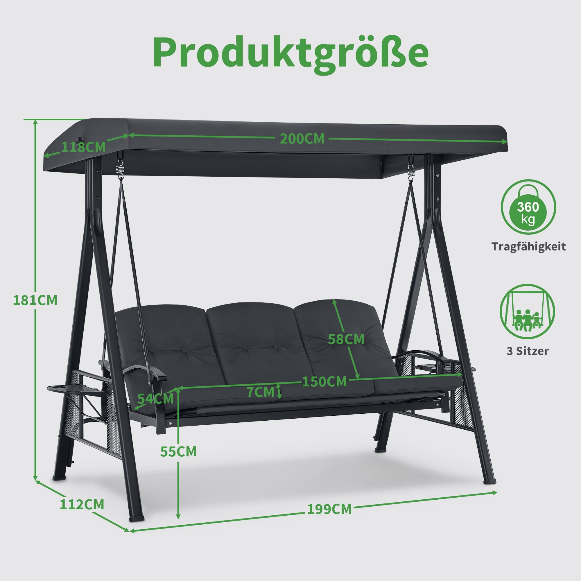 M MCombo 3-Sitzer Hollywoodschaukel mit Liegefunktion, Verstellbarem Sonnendach & Getränkehalter, Gartenschaukel bis 360kg Belastbar Schaukelbank Outdoor Wetterfest 204x118x181 cm 4093 (dunkgelgrau)