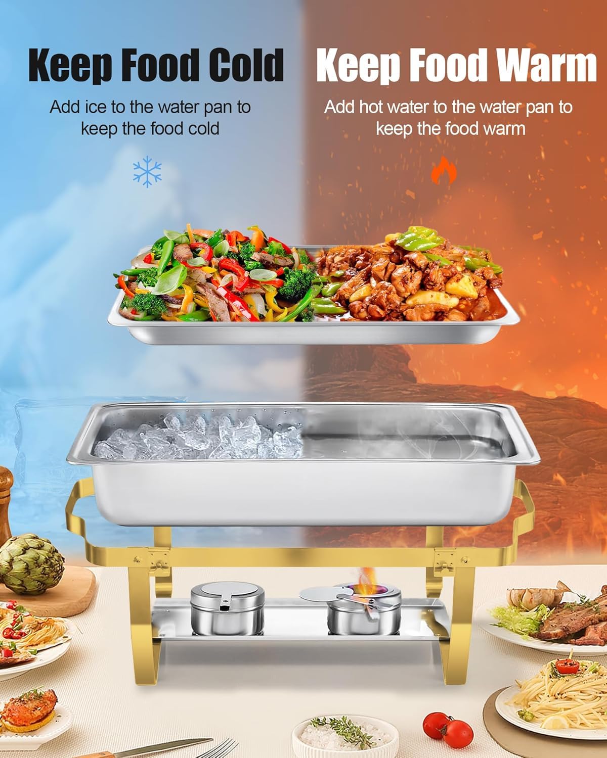 Chafing Dish Buffet Lot de 4 Chauffe-Plats en Acier Inoxydable 9L,Récipients de Maintien au Chaud Robuste (Design à Bord Roulé) Qualité Supérieure pour Traiteur, Buffet, Fête - Carré Doré