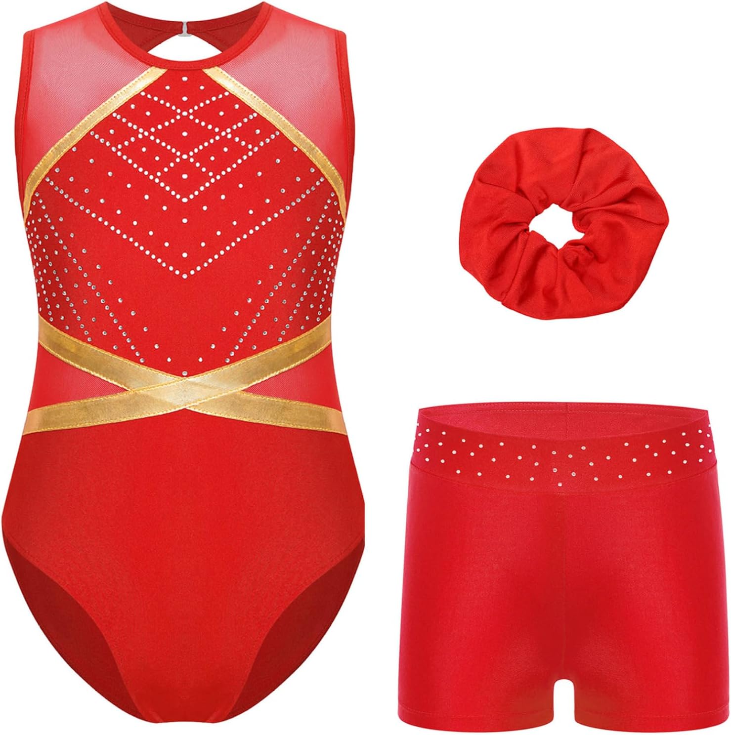 Kids Girls Gymnastics Outfit Patchwork Sleeveless Ballet Dance Leotard Unitard with Shorts and Hairband