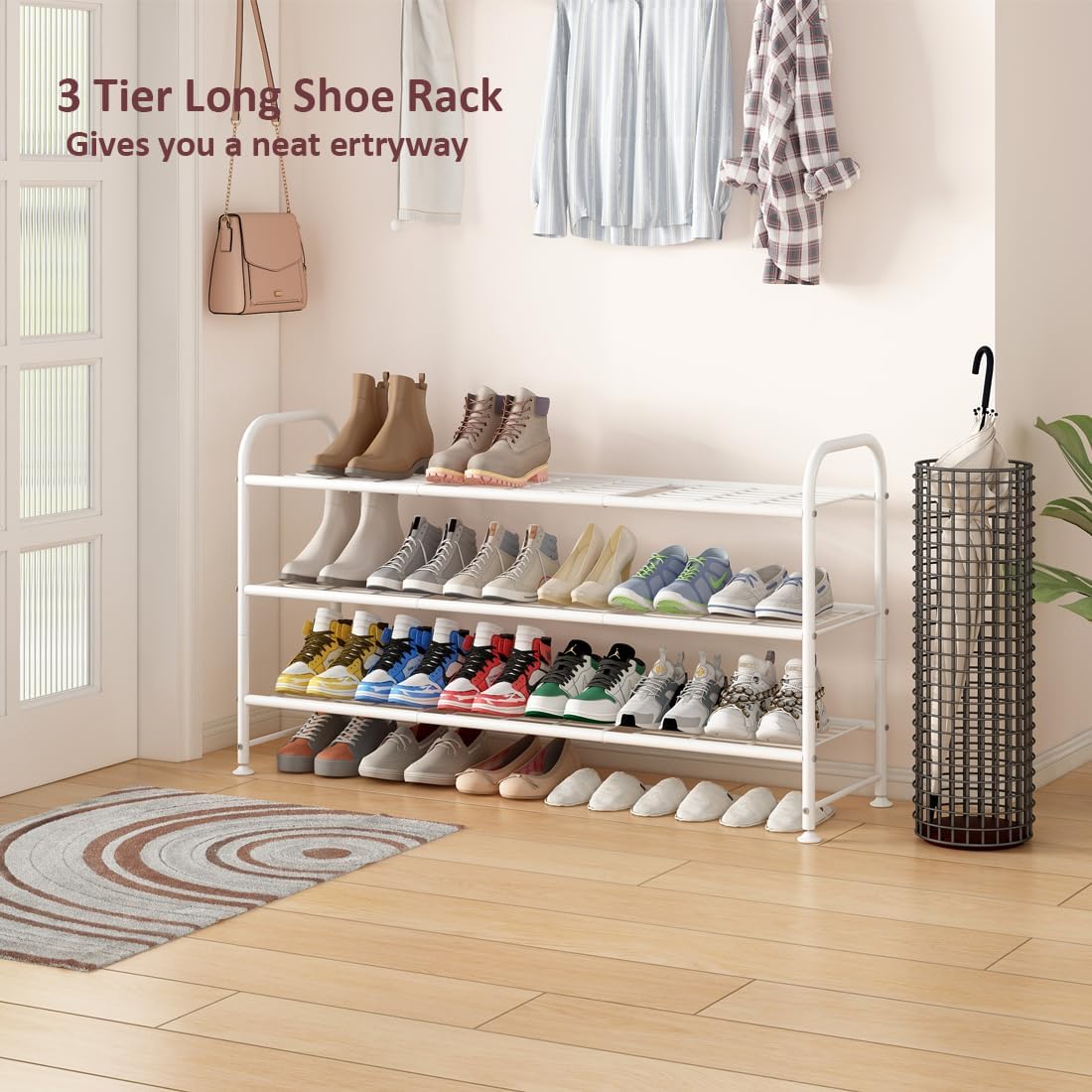 LINZINAR Shoe Rack Long 3 Tier Shoe Storage Organizer Metal Wide Shoe Shelf for Closet Entryway Bedroom 24 Paris Large Capacity, Black (White, 3-Tier)