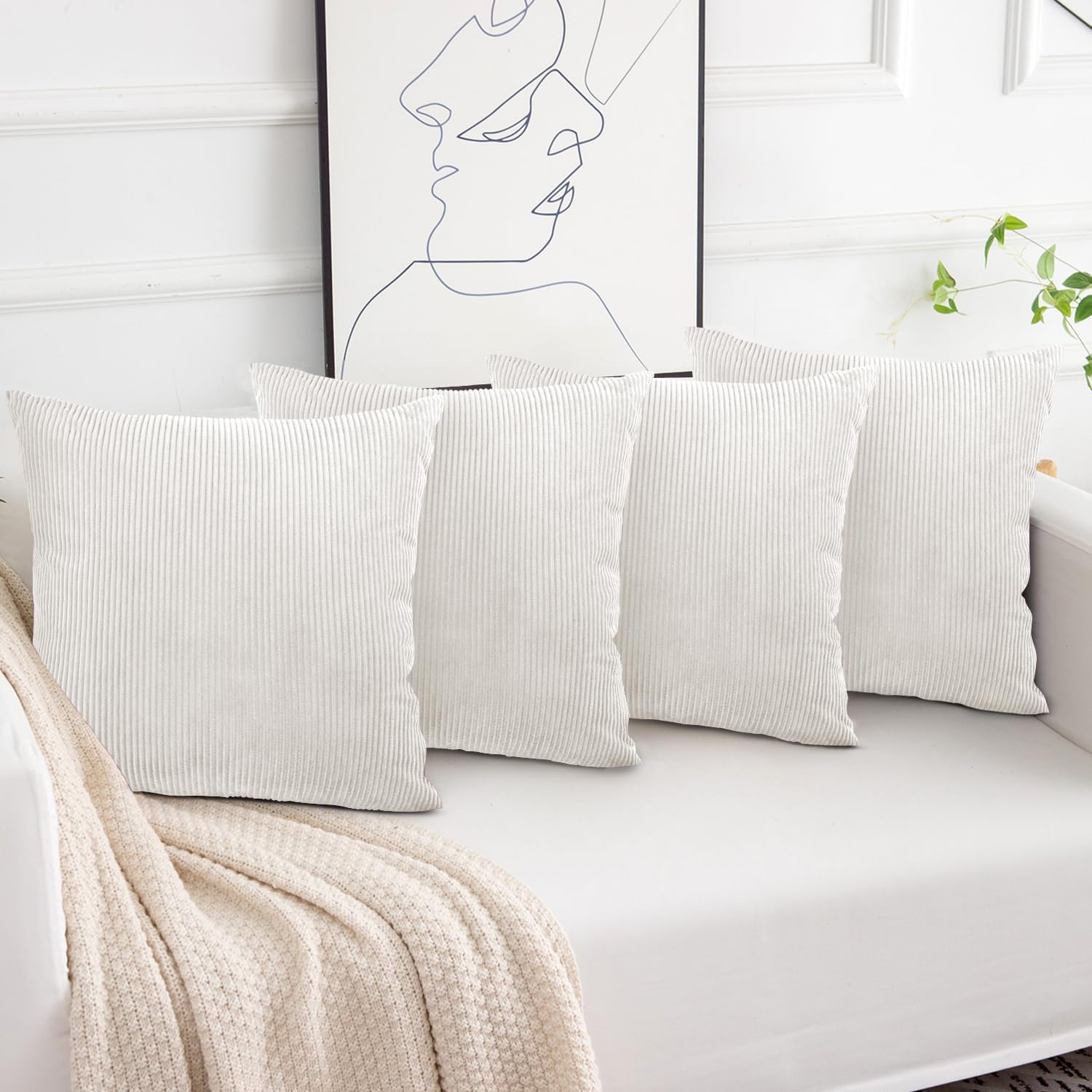 Aspire Homeware White Cushions with Covers Included 45 x 45 cm Pack of 4 (4-Cushion Covers, 4-Inserts) with Invisible Zipper Pattern Cushion for Home Décor, Bedroom & Sofa (18x18 Inchs)