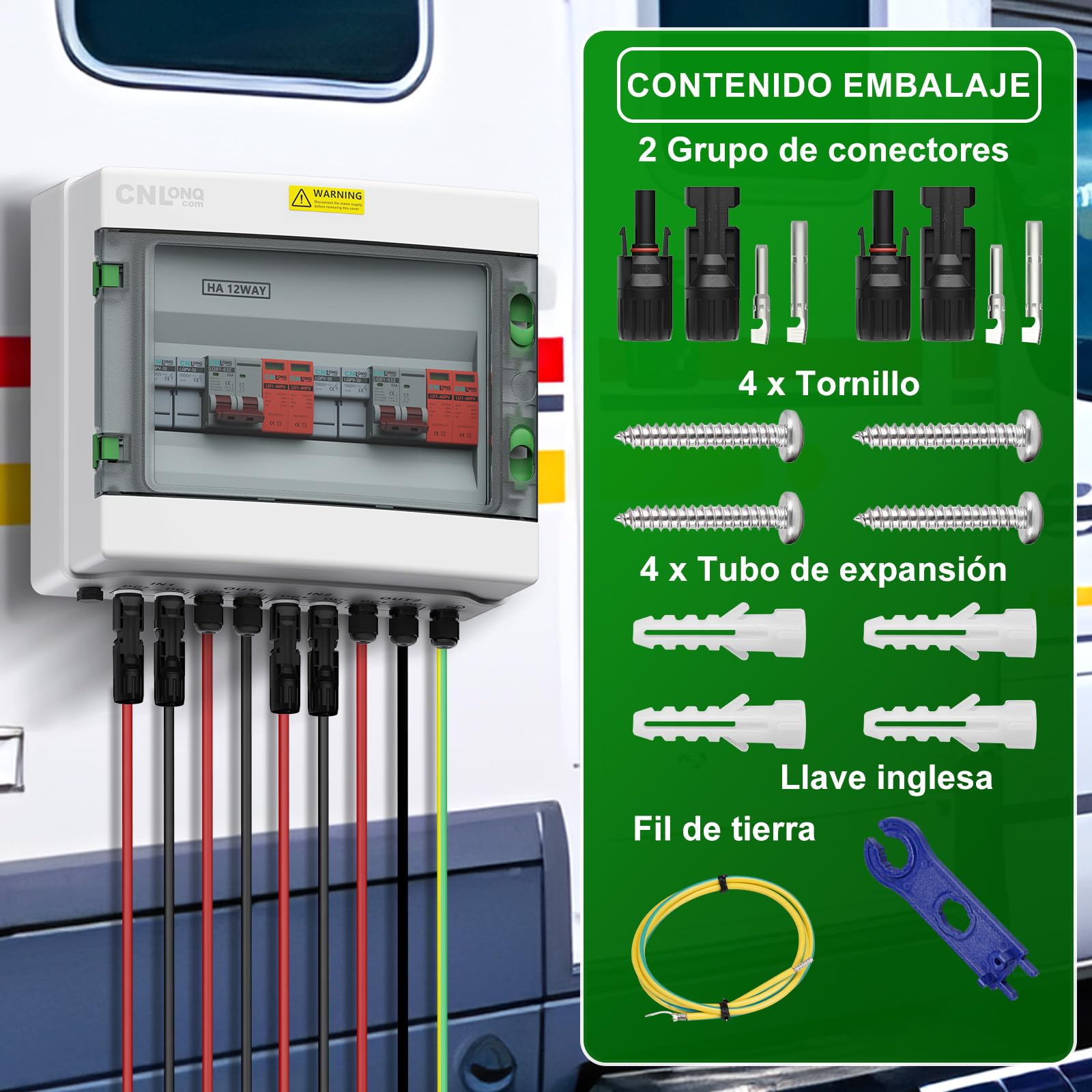 IP65 Caja Combinadora PV 2 Circuitos 2 Entradas 2 Salidas DC500V 32A Interruptor Disyuntor con Protector de Sobretensión y fusible de 15A Para Paneles Solares al Aire Libre