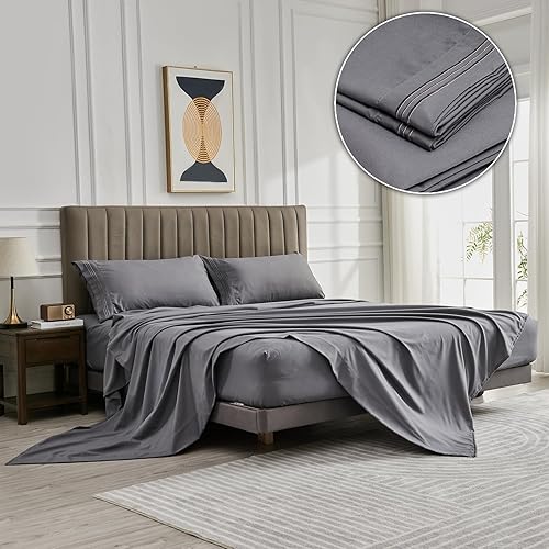WODFAMY Juego de sábanas de microfibra tamaño King, extra suaves y profundas, con bolsillos profundos de lujo, color gris oscuro, transpirables y