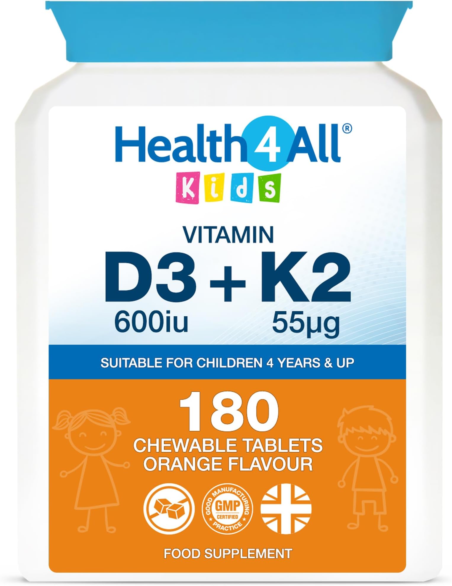 – Kids Vitamin D3 + K2 180 Chewable Tablets 6 Months Supply, 600iu D3 & 55mcg K2 MK-7 for Children 4+, Natural Orange Flavour, Sugar-Free | Made in UK (Not Gummies)
