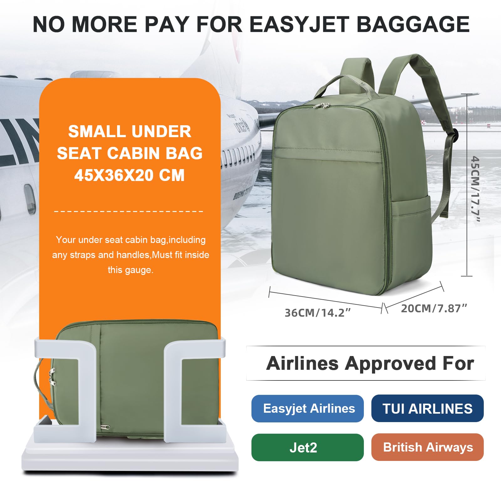 HPLQQ Zaino Bagaglio a Mano Borse da Cabina per Easyjet 45x36x20 Zaino Aereo Zaino da Viaggio donna, Borsa da Viaggio aereo Impermeabile 15.6 Pollici Zaino Casual Porta PC,M1-grigio Verde