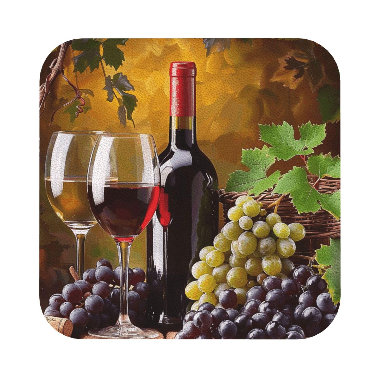 Grapes Wine Bottles and Drink Print Leather Coaster Set of 6, Square Coasters Table Decorative Coffee Cup Beverage Coasters Wine Beer Bar Coasters for Hot Drinks Table Protection