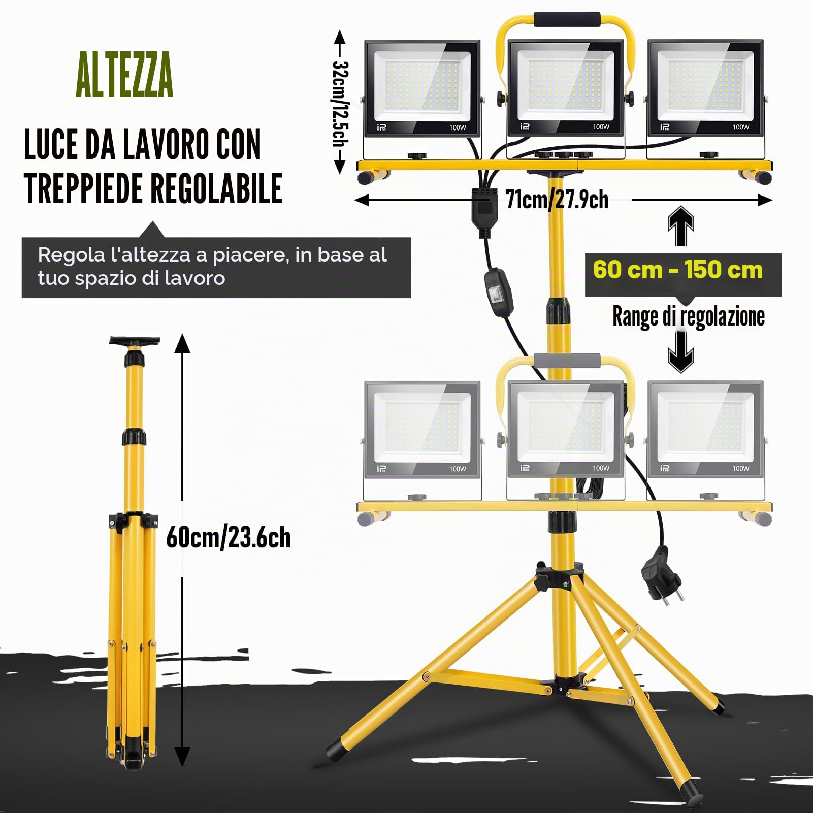 Faretto da Cantiere com Treppiede Telescopico 300W, 30000LM 6500K Faro LED da Cantiere Portatile, Luce Bianca 6500K IP66 Impermeabile Faretto Lavoro con Cavo 3m, Rotazione 360°