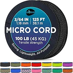 TECEUM Micro Paracord – Preto – 1,18 Mm X 125 Pés – Micro Cordão Utilitário – Corda Fina Trançada Paracord Poliéster de Nylon – Substituição do Carrilhão de Vento – Corda Forte de Sobrevivência 016C