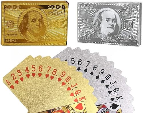 Paquete de 2 cartas de póquer de plástico resistentes al agua de dólar y plata doradas altamente flexibles, cartas de papel de aluminio dorado,