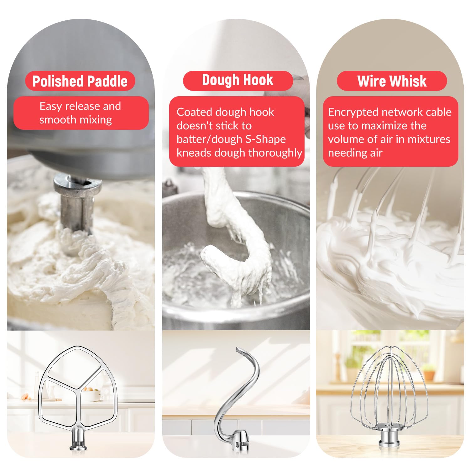 Miscelatori da cucina Accessori in acciaio inox per miscelatori KitchenAid, frusta a filo K256WW, gancio per impasto da 6 QT e paletta a lama piatta per aiuto da cucina 5,5-6 litri con testa