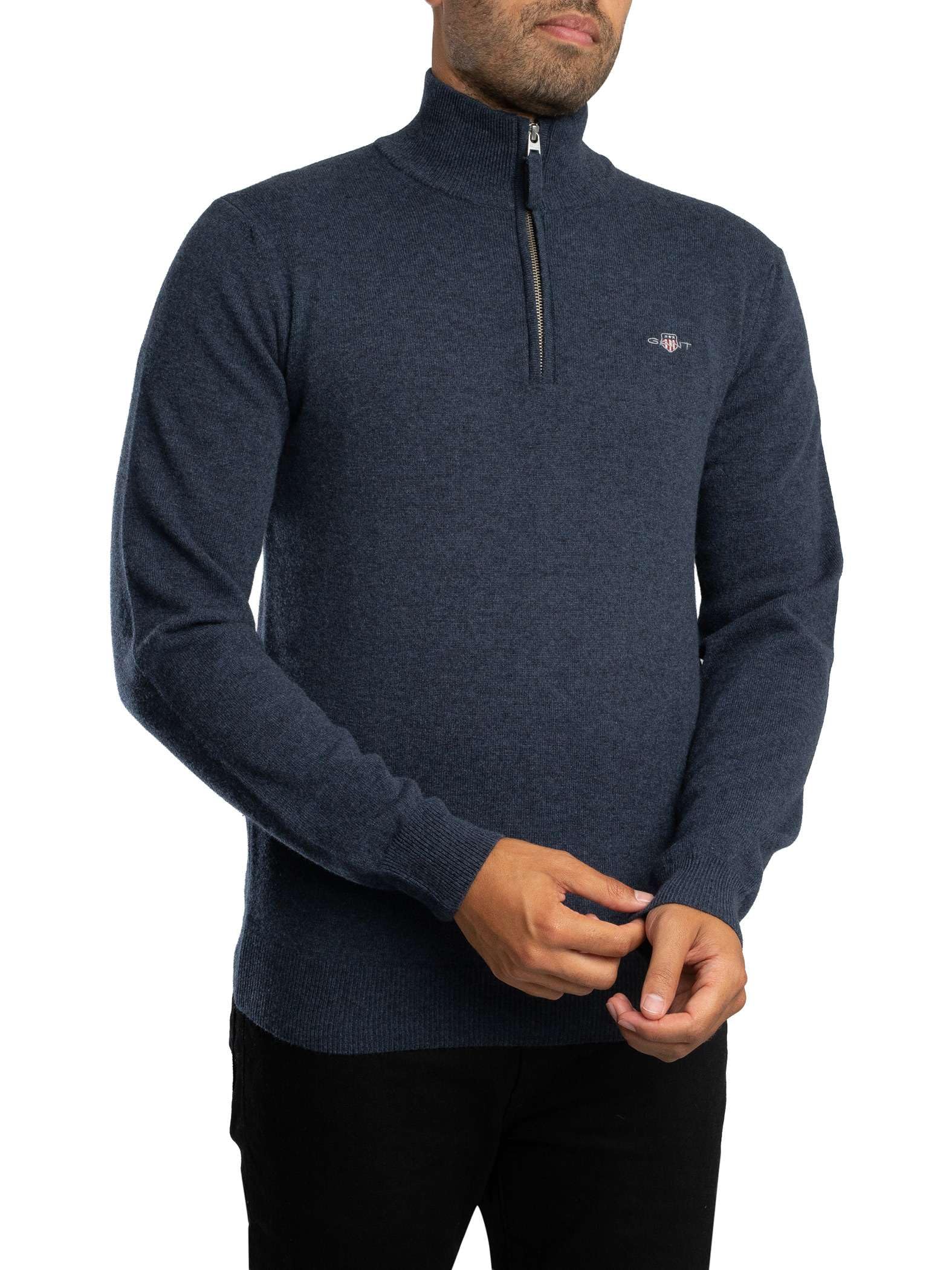 Gant Men's Dark Navy Melange Superfine Lambswool Half Zip Pullover Sweater,
