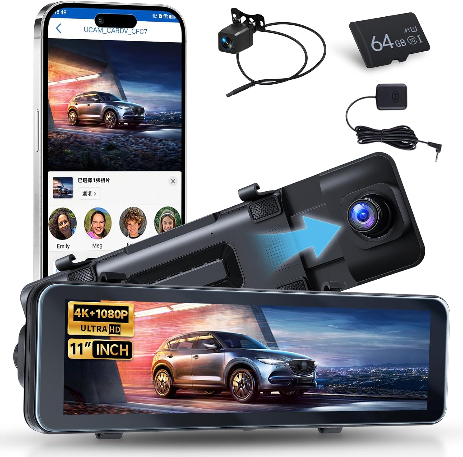 11 Inch 4K Mirror Dash Cam Front and Rear View Mirror Camera with ADAS BSD and LCA, GPS Dash Camera for Car, Rearview Mirror Camera with WiFi G-Sensor Night Vision Loop Recroding+ 64G SD Card