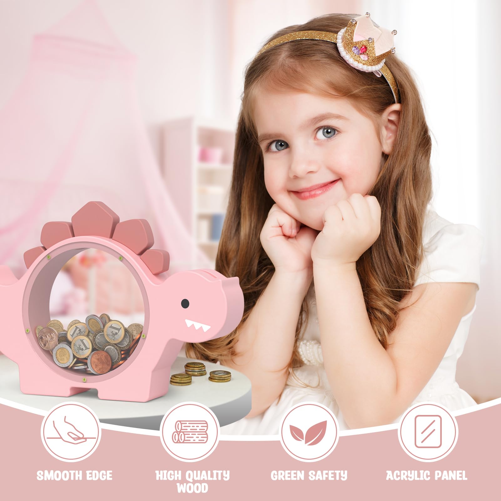 Summidate Salvadanaio in Legno a Forma di Dinosauro per Bambini Maschi, Grazioso Salvadanaio in Legno Dino per Bambini Piccoli, Barattolo Creativo per Risparmiare Monete, Regalo Personalizzato per