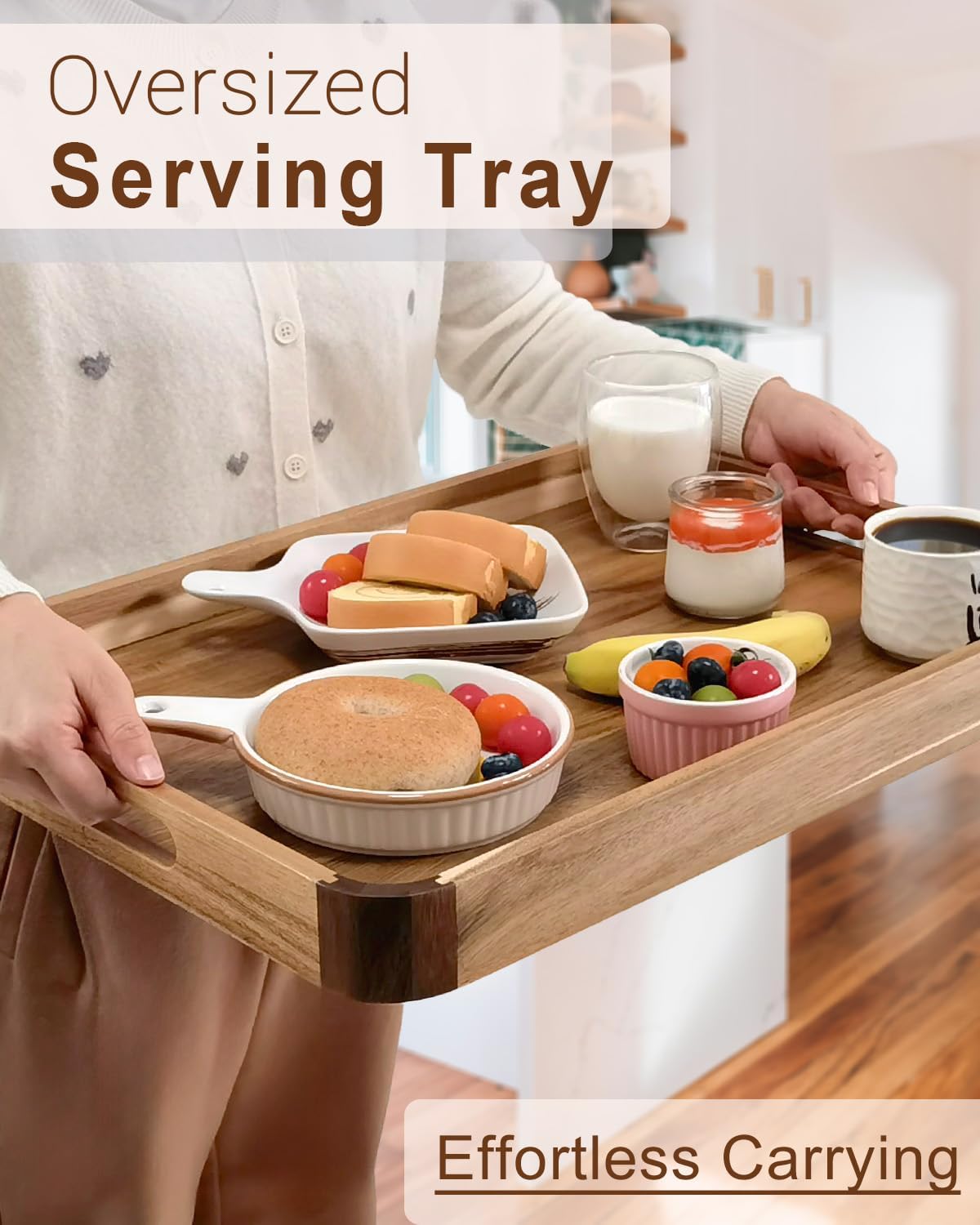 22 Inches Acacia Wood Serving Tray with Handles, Large Wooden Rectangle Ottoman Tray, Nice Home Decor for Living Room Coffee Table Couch, Ideal Size for Serving Food Breakfast BBQ Party - Image 4