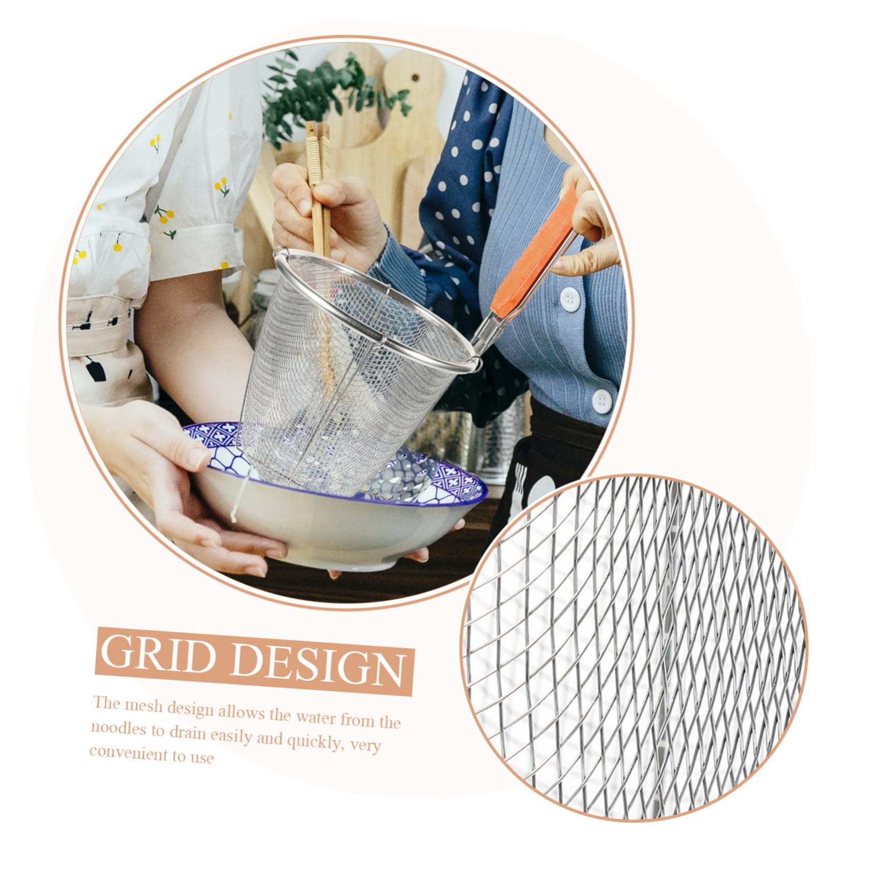 LABRIMP Colador de Acero Inoxidable para Fideos y Pasta con Mango de Madera de 14 Cm, Cesta Escurridora Resistente y Ligera, Utensilio de Cocina Adecuado para Cocción y Escurrido, Juego
